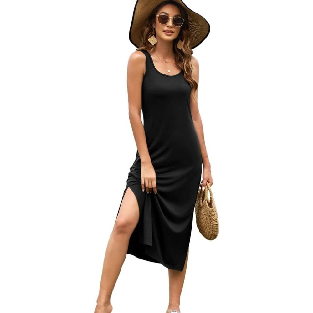 Women's Rayon-Polyester Sleeveless Midi Dress With Side Slit Casual Summer